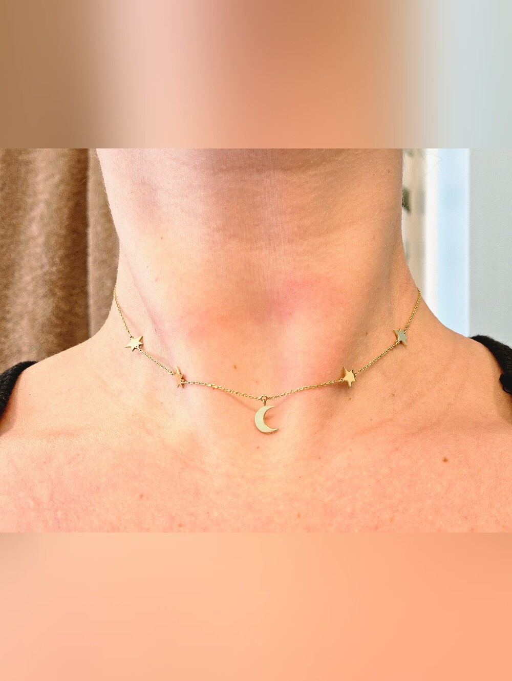 Yellow Gold (14K) Moon & Star Choker Necklace - Women Jewelry